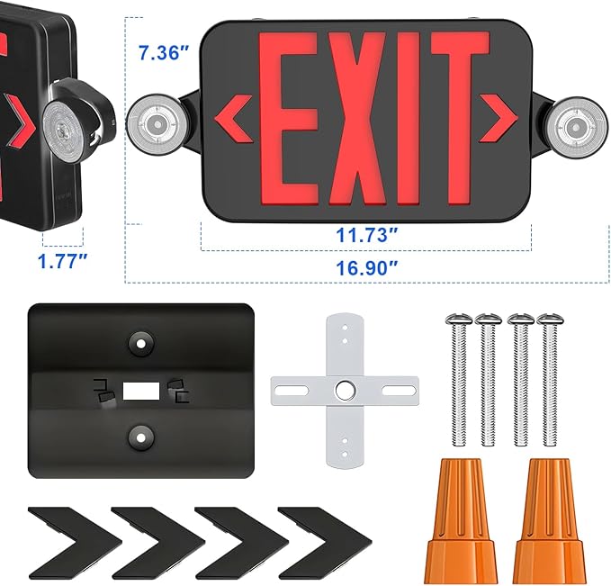 Black LED Exit Sign with Emergency Lights, Adjustable Two LED Head Commercial Emergency Exit Light with Battery Backup, UL Listed, AC 120/277V, Hardwired Emergency Lighting for Business (12 Pack)
