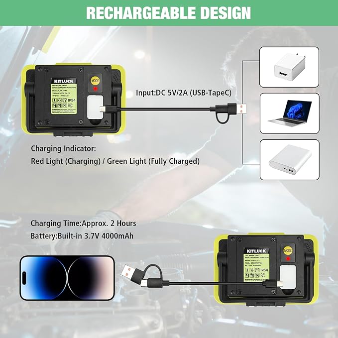 KITLUCK LED Work Light, Rechargeable, 700 LM Magnetic Portable Flood Light with Adjustable Stand, IP54 Waterproof, 3 Lighting Modes with Emergency SOS, for Camping, Car Repair,1Pack