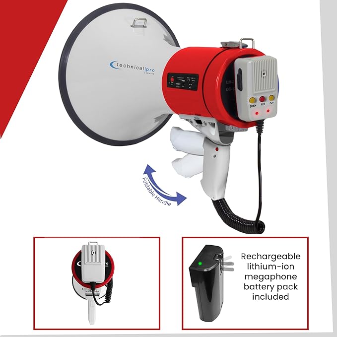Technical Pro Portable 75-Watt Megaphone Bullhorn Speaker w/Detachable Microphone w/Rechargeable Battery, a Built-in AC Wall Charger, Good for Trainers, Soccer, Coaches, Cheer Leaders