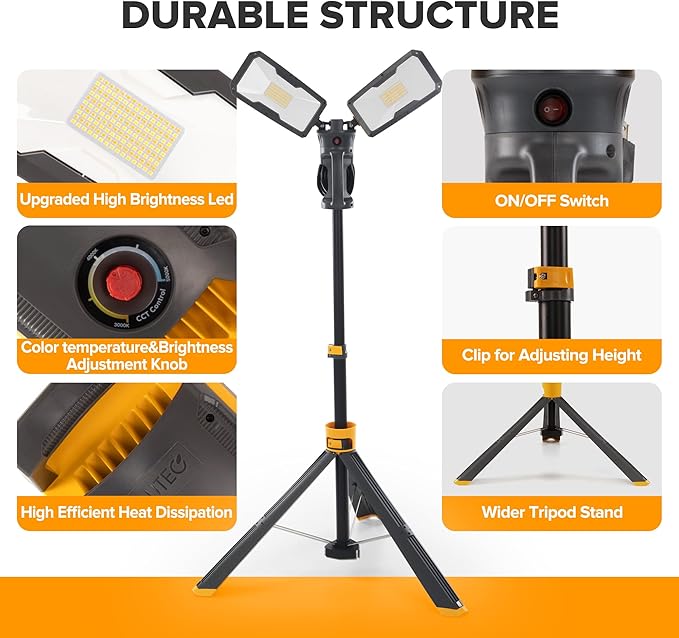 LUTEC 【Upgraded】 6290Max 11000 Lumen 92W Dimmable LED Work Light with Telescoping Tripod, Adjustable Color Temperature Dual-Head Work Light with Stand and 8 Ft 3-Prong Power Cord