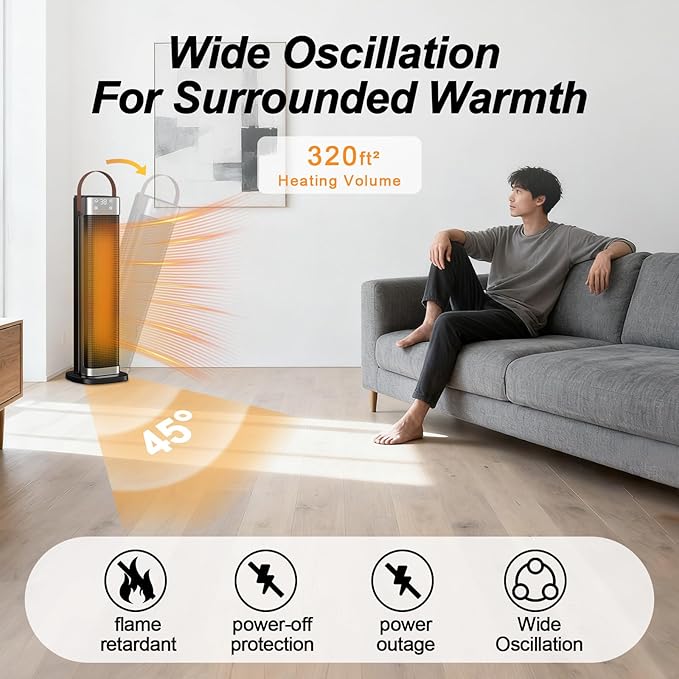 Space Heater Indoor, 25" 1500W PTC Ceramic Heater, 3 Modes, 12H Timer, 45° Oscillating, with Remote, Tower Heater for Office Bedroom