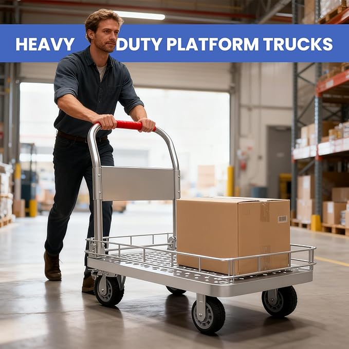 Heavy Duty Platform Truck with 6-Inch Brake Silent Wheels, Foldable Push Cart with Detachable Steel Wire Fence, Flat Hand Trucks for Gardens, Warehouses, Workshops (35.4 * 23.6 * 33.9in)