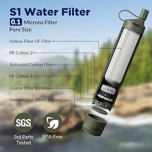 Membrane Solutions Gravity Water Filter Pro 6L, NSF/ANSI 42&372&401 Certified, 0.1 μm Versatile Water Purifier Camping with Adjustable Tree Strap Storage Bag, Survival Gear for Emergency(Camo)