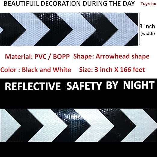 Black White Reflective Tape Outdoor Waterproof 3 inch X 166 feet, High Visibility Hazard Conspicuity Safety Industrial Marking Tape