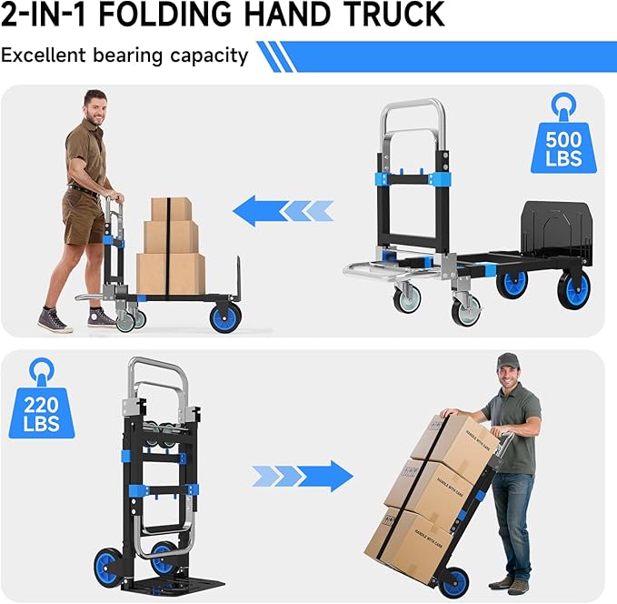 3-in-1 Heavy Duty Folding Hand Truck, 500LB Capacity Convertible Steel Dolly Cart with 360° Swivel Wheels & Telescopic Handle, Foldable Utility Wagon for Moving, Warehouse and Shopping