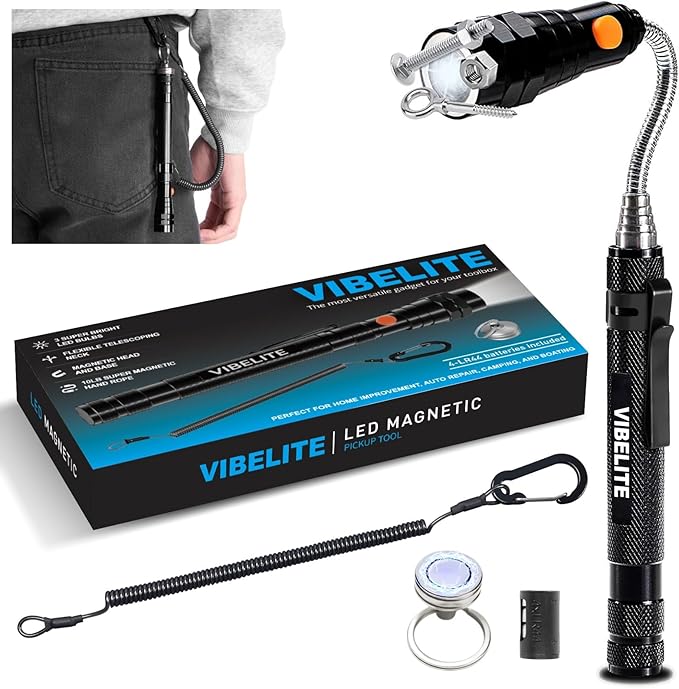 VIBELITE Gifts for Dad, Magnetic Flashlight with Tool Magnetic Lanyard, Telescoping Magnet Pickup Tool, Cool Gadgets Gifts Idea, Birthday Gifts for Men, Handyman, Husband, Boyfriend, Him