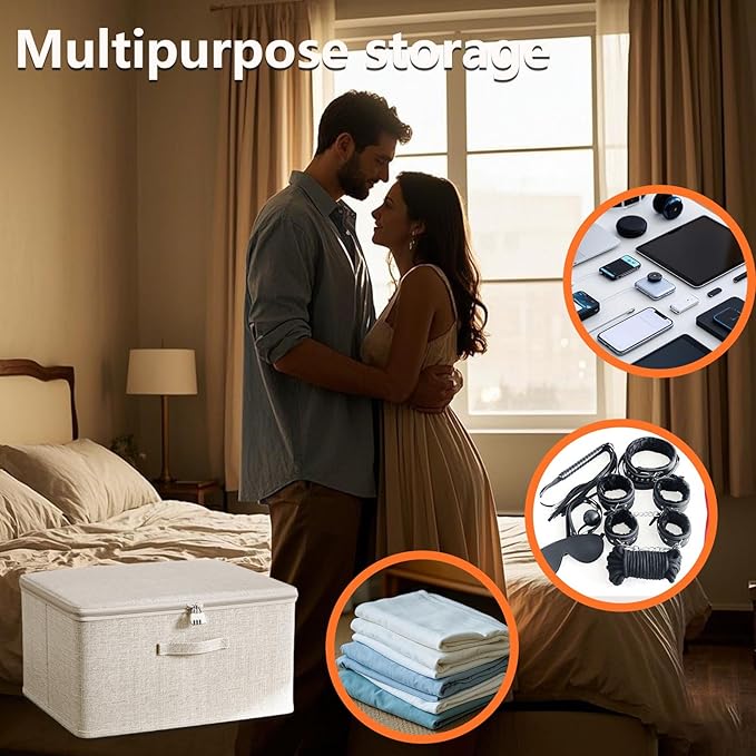 Locking Adult Game Toy Storage Organizer Lock Box Toy Storage Bins Women and Men Game Toys Storage Bags with 4 Drawstring Bags, Large capacity 16 x 11.8 x 8.2 Inches (Off White)