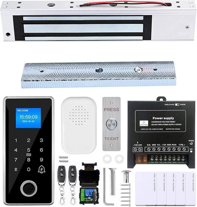 Waterproof Fingerprint Access Control Kit, 600LBS Holding Force NC Mode Magnetic Lock, IP68 Metal Keypad Supports Fingerprint, Password, RFID Card & Remote Unlock for Door Security