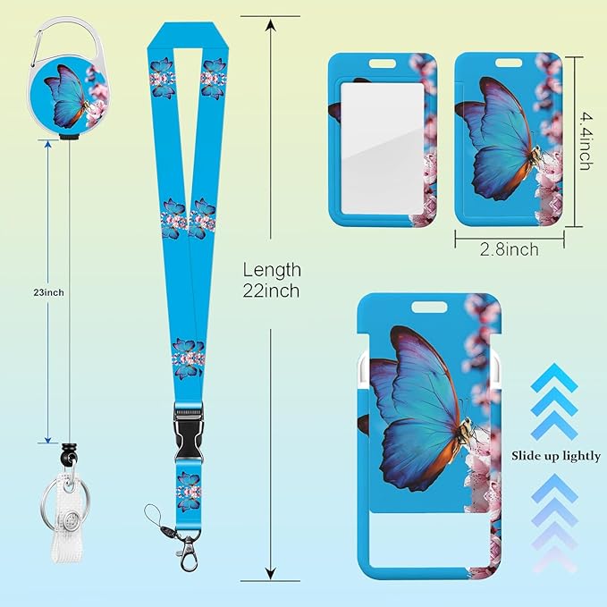 Blue Butterfly Badge Holder Lanyard ID Card Holders Detachable Name Tag Clips Cute Funny Nurse Teacher Office Gifts Women Man Cate Badge Holder