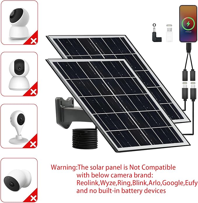 8W 5V Solar Panels for Security Cameras Type-C Micro USB DC Port Portable Charger Set 5 Volt 8 Watt High Efficiency Solar Panel for Cellphone Fan Power Bank 2 Pack Black