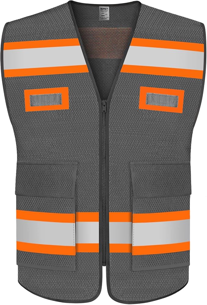 TCCFCCT Mesh Safety Vest with Front Zipper High Visibility Reflective Vest for Men Women, Construction Work Vest for Surveyors, Drivers and Warehouse, Meets ANSI/ISEA Standards, Grey, L