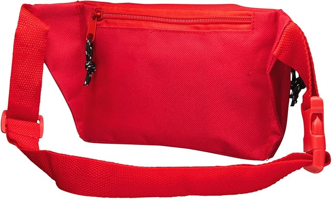 NOVAMEDIC First Aid Fanny Pack Stocked with 75 Piece Emergency Essentials, 8"x2"x6", Waist Bag w/ 3 Zippered Compartments & Adjustable Strap for Lifeguard, Hiking, Travel Men & Women, Durable, Red