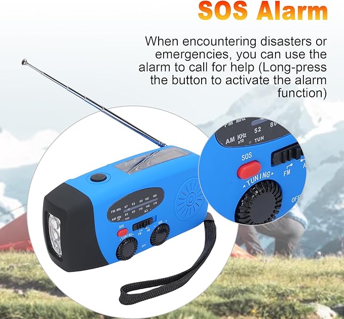 2000mAh Wind Up Radio, Portable Solar Emergency Radio with SOS Alarm, AM FM Weather and Torch, for Power Outage Camping Hiking (Blue)