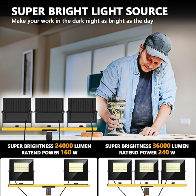 36000Lumen LED Work Lights with Stand - 3 Head Foldable Stand Work Light with 16FT Cord - IP67 Waterproof Tripod Lights for Outdoor Indoor Job Site Workshop Garage Construction Site Lighting