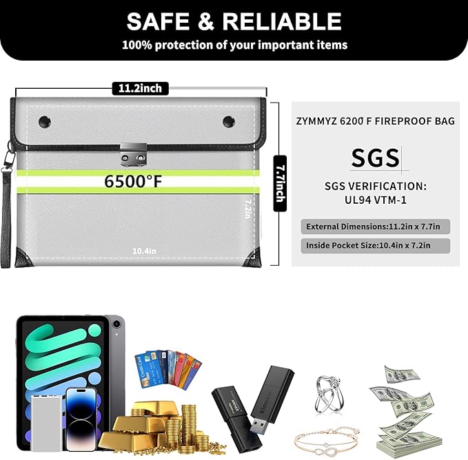 Fireproof Document Bag with lock Water Resistant Zipper,6200°F Heat Insulated Fire Proof Pouch with Soft Leather Hand Strap,Fire Envelope for Cash,Documents,Jewelry（Not Suitable for A4 Files）