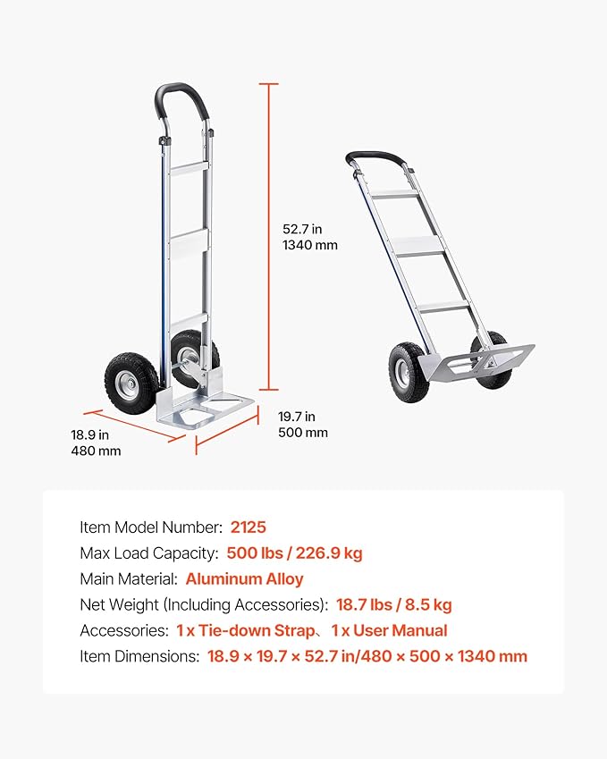 VEVOR Aluminum Hand Truck, Heavy-Duty Hand Truck Dolly with Non-Slip Wheels & Handle, 500 LBS Aluminum Alloy Portable Trolley Dolly with Tie-Down Strap for Moving Home, Office, Warehouse