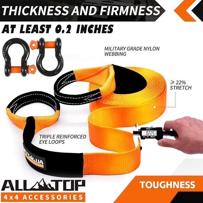 ALL-TOP Heavy Duty Tow Strap Recovery Strap Kit : 3 inch x 30 ft (35,000 lbs) 100% Nylon and 22% Elongation Snatch Strap + 3/4 D Ring Shackles (2pcs) + Storage Bag