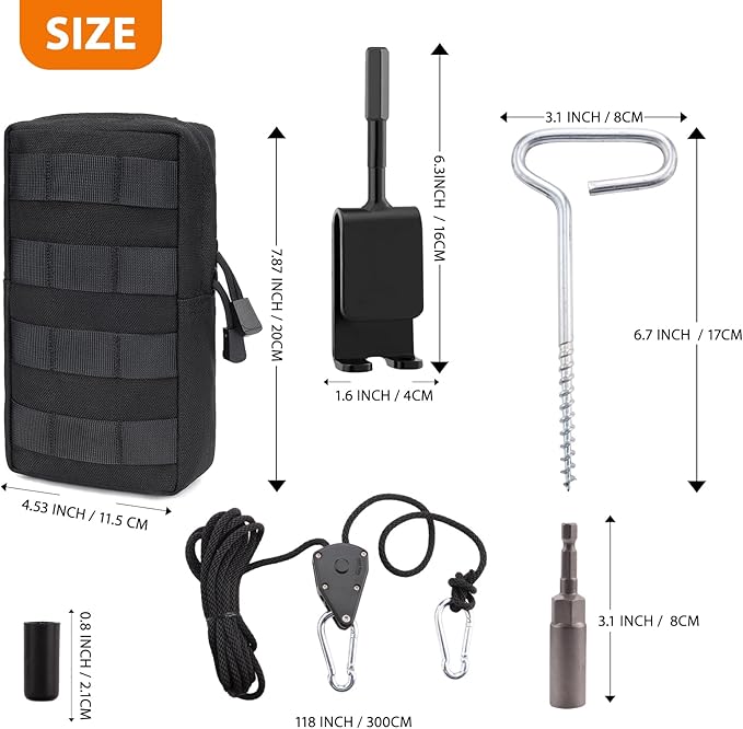 15 Pcs Ice Fishing Anchor Tool Kit – Includes 6 Ice Tent Stakes, 6 Adjustable Rope Hangers (118" Length), Ice Anchor Drill Adapter with 1/4" Adapter Head Storage Bag for Ice Fishing Shelters Tents