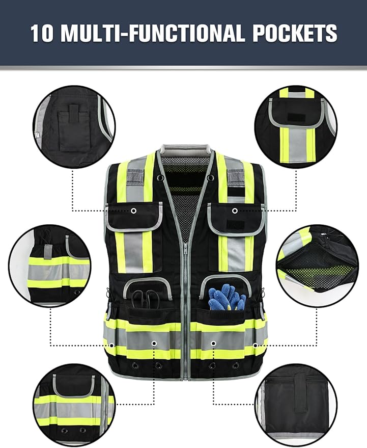 Safety Vest, Hi Vis Vests with Pockets, Class 2 High Visibility Vests,Construction Surveyor Work Vest for Men Women