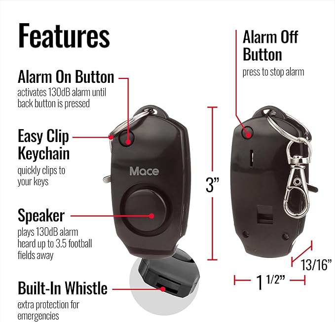 Mace Personal Safety Alarm - Loud 130db Siren, Built in Emergency Whistle, Easy On/Off Push Button Activation, Batteries Included, Personal Alarm for Women & Men - Black