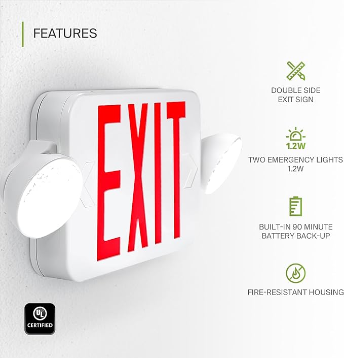 ASD LED Exit Sign with Battery Backup & Round Rotatable Heads - 120-277V UL 2.2W Double Face Emergency Exit Light for Business, Commercial Damp Location Power Outage Lights, Red