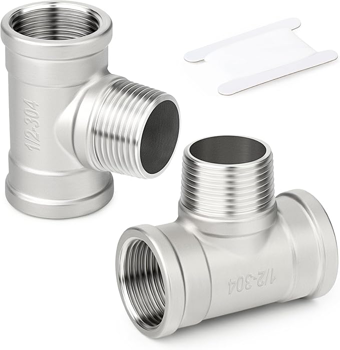 TAISHER 2PCS 304 Stainless Steel Tee Pipe Fittings, 1/2" NPT Female x 1/2" NPT Male x 1/2" NPT Female Pipe Fittings, Male Branch Tee