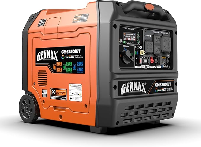 GENMAX 6250w Tri-Fuel Silent Inverter Generator(2026Model)Features 2-Wire Auto Start/Stop,bluetooth APP Control,CO Sensor,Digital Display&50A Outlet-Ideal for Home Backup&Camping Outdoor,EPA Compliant