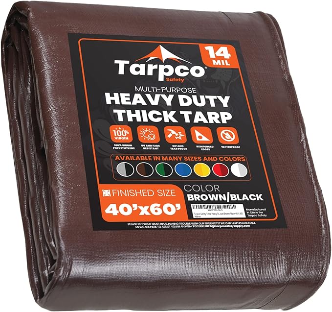 Tarpco Safety Extra Heavy Duty 14 Mil Tarp Cover, Waterproof, UV Resistant, Rip and Tear Proof, Poly Tarpaulin with Reinforced Edges for Roof, Camping, Patio, Pool, Boat (Brown/Black 40′ X 60′)
