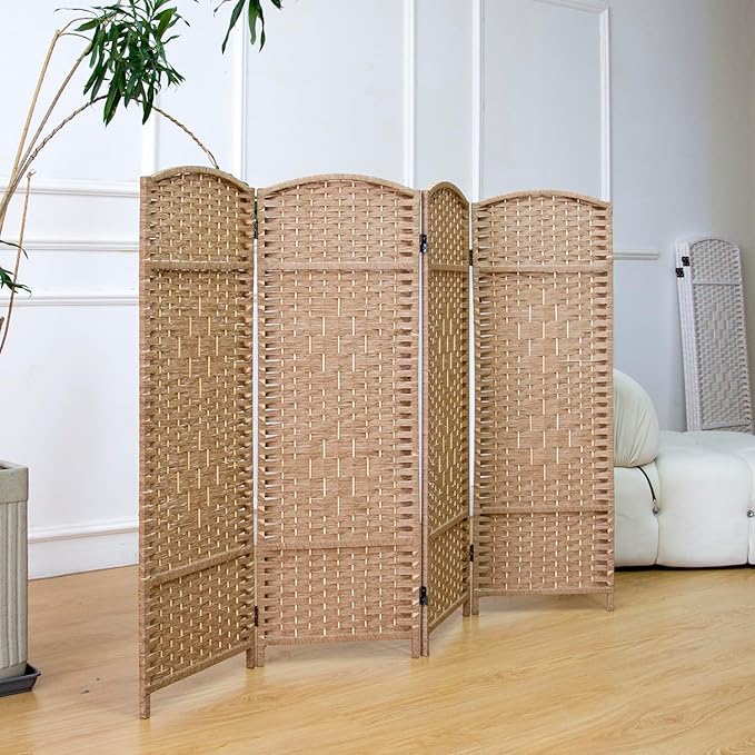 4 Panel Rattan Divider Short Room Partition Screen,Double Sided Folding Divider for Room Separation,Light Brown,47.2" H x 63" W