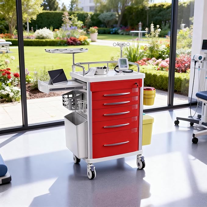 Medical Emergency Rolling Crash Cart with Drawers - Adjustable IV Pole, Silent Casters, Needle Disposal Holder, Trash Bin, O2 Holder, Nursing Trolley Cart for Clinic, Hospital, Salon