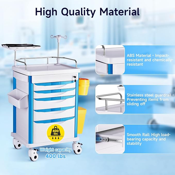 Medical Carts with Wheels, 5-Tier Storage, Adjustable IV Pole, Silent Casters, Trash Bins, O2 Holder, Needle Disposal Holder & CPR Board, Rolling Medical Cart for Hospital Salon Lab Clinic