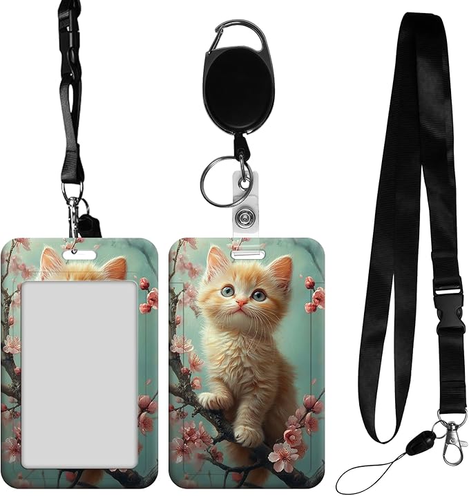 ID Badge Holder with Retractable Lanyard for Women & Men,Vertical ID Card Holder Wallet,Clear Window&Card Slot,Detachable Neck Strap for Nurse Teacher Office,Cherry Blossom Cat