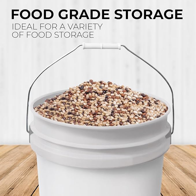 6.5-Gallon White Bucket Pail Container with Lid | Food Grade | Heavy-Duty 90MIL Extra Durable | Metal Handles with Plastic Grip for Easy Carrying | Multi-Use | Easy Stack and Store | BPA Free - 3 Pack
