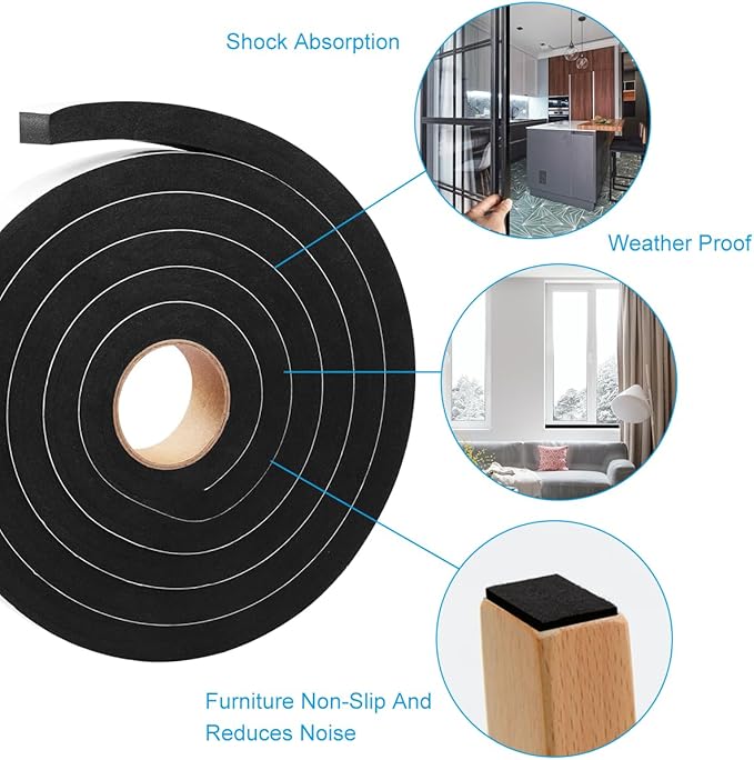 Seal Foam Tape, 2 Rolls 1 Inch W x 1/2 Inch T Weather Stripping for Door and Window,High Density Single Sided Closed Cell Door Insulation Weather Strip, 2 Rolls Total 13FT Black