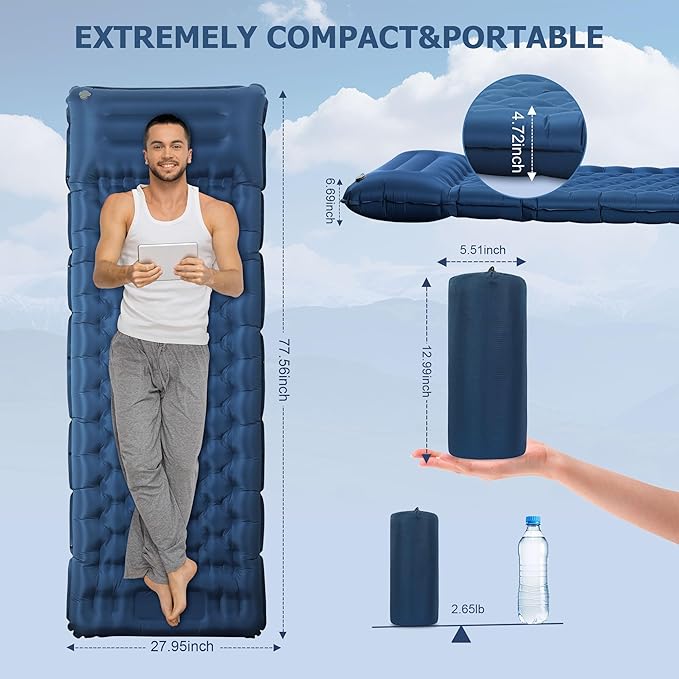 Sleeping Pad, 4.7" Extra-Thick & Ultralight Inflatable Camping Mat with Pillow, Built-in Foot Pump, Compact for Backpacking, Camping, Hiking, Travel — Navy Blue