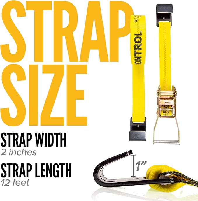 US Cargo Control Flat Hook Ratchet Straps 2 Inch X 30 Foot (320-Pack), 10,000 LBS Break Strength, Yellow Heavy Duty Ratchet Straps with Black Flat Hooks, Tie Downs for Flatbed Trailer