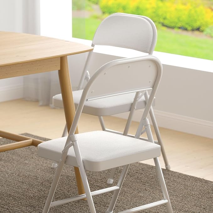 Nazhura 4 Pack Folding Chairs with Padded Cushion and Back, Khaki Metal Chairs with Comfortable Cushion and Durable Steel Frame for Home and Office, for Indoor and Outdoor Events (White, 4 Pack)