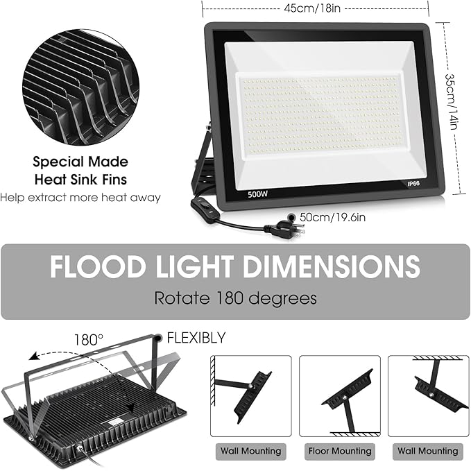 2 Pack 500W LED Flood Light Outdoor,2750W Equivalent Super Bright FloodLight with Plug,58600LM 5000K Daylight White IP66 Waterproof Commercial Lighting for Sports Fields,Counts,Arena,Stadium