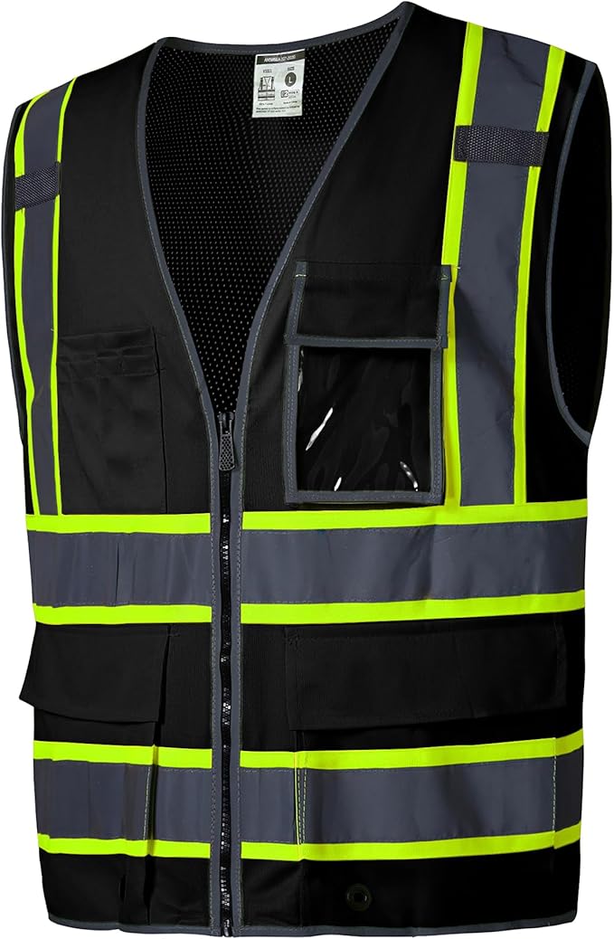 SKSAFETY 10 Pockets Safety Vest, Class 2 High Visibility Security with Zipper Back Mesh, Hi Vis Vest with Reflective Strips, ANSI/ISEA Standard, Construction Work Vest for Men ＆ Women （Black, 2XL）