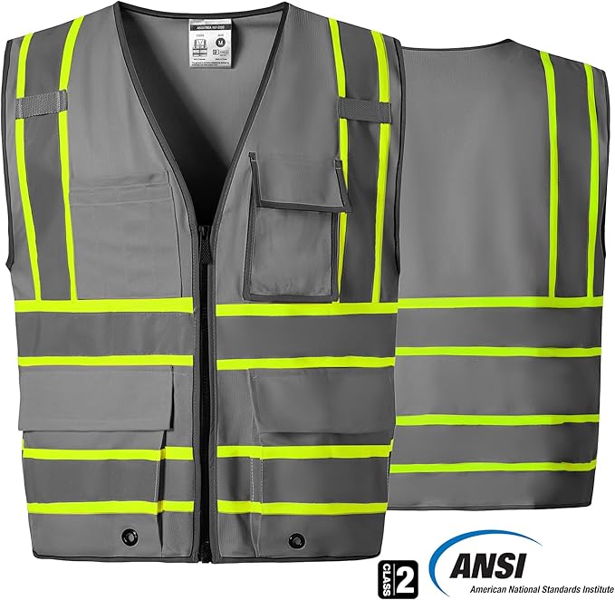 SKSAFETY 10 Pockets Safety Vest, Class 2 High Visibility Security with Zipper, Hi Vis Vest with Reflective Strips, ANSI/ISEA Standard, Construction Work Vest for Men ＆ Women （Grey,5XL）