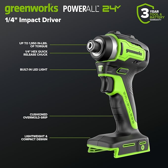 GREENWORKS 24V (4-TOOL) Combo (1/2” Drill + 1/4” Impact Driver + 6.5” Circular Saw + 200Lm Flashlight), 4.0Ah + 2.0Ah Batteries (24,000mAh Power Bank), (2) Braided Cables, 65W Rapid Charger