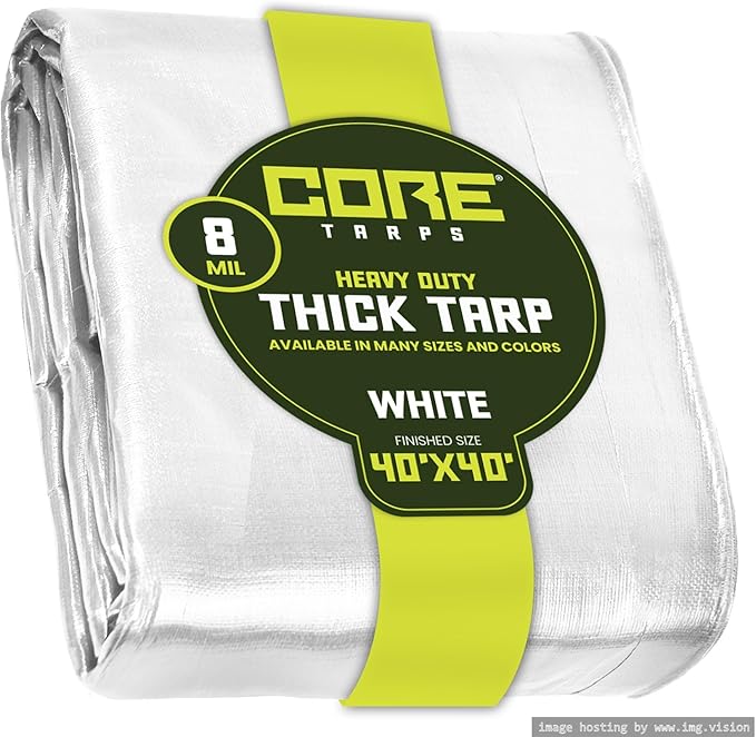Core Tarps Heavy Duty 8 Mil Tarp Cover, Waterproof, UV Resistant, Rip and Tear Proof, Poly Tarpaulin with Reinforced Edges for Roof, Camping, Patio, Pool, Boat. (White 40′ X 40′)