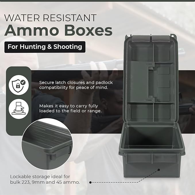 Lockable Ammo Storage Case for Ammo Cans | Military Waterproof Case & Airtight Ammo Containers Box | Ammunition Storage Boxes | Hunting Gear & Shooting Accessory | Water and Dust Resistant
