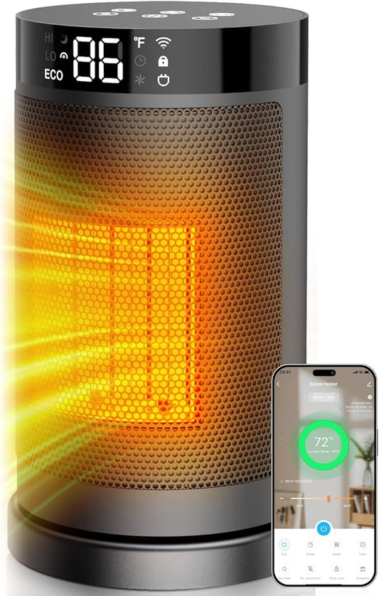Smart Space Heater with WiFi/APP & Alexa Control, 1500W PTC Ceramic Electric Heaters for Indoor Use, 75° Wide-Angle Oscillation, 24H Timer, ECO Mode, Safe Indoor Portable Heater for Home Office