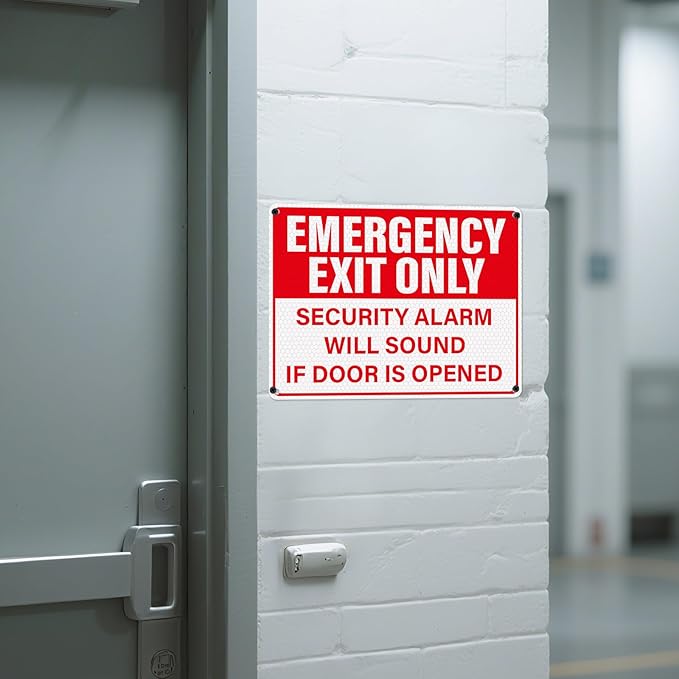 2 Pack Emergency Exit Only - Security Alarm Will Sound If Door Is Opened Sign 10 × 7 Inches Reflective Waterproof Aluminum Safety Signage with Pre-Drilled Holes for Workplace Warehouse