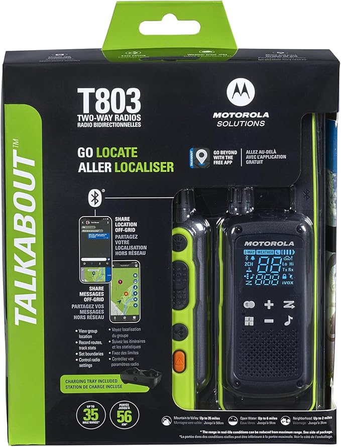 Motorola Solutions T803 Waterproof IP54 Two Way Radio Walkie Talkie 35 mi. Bluetooth w/Charging Dock 2-Pack (Lime Green)