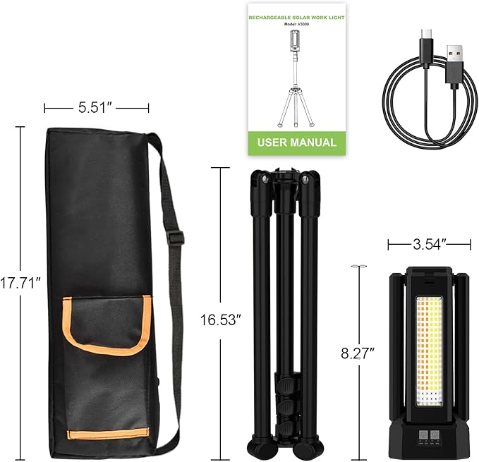 13200mAh Rechargeable Solar Work Light with Folding Stand Support and Portable Carrying Bag, 8000 Lumen Stepless Dimmable, 4 Lighting Modes, White/Warm/Warm White (Black(Remote))