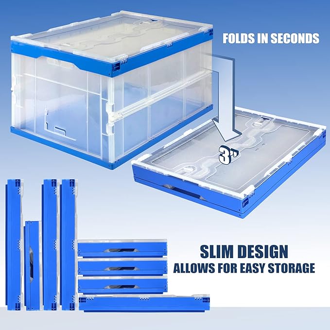 Mount-It! Collapsible Storage Bin with Attached Lid [65 Liter] Folding Crate, Durable Plastic Container, Trunk Storage, Box (23x15x13 Inches), Clear & Blue