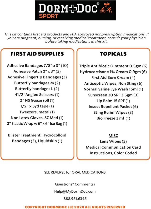 DormDoc Sports Pack First Aid Kit – Compact Emergency Medical Kit for Sports – with Bandages, OTC Medicines for Relief, Gauze, Quick Care Set – Portable Health Kit - 125 PCS, Blue