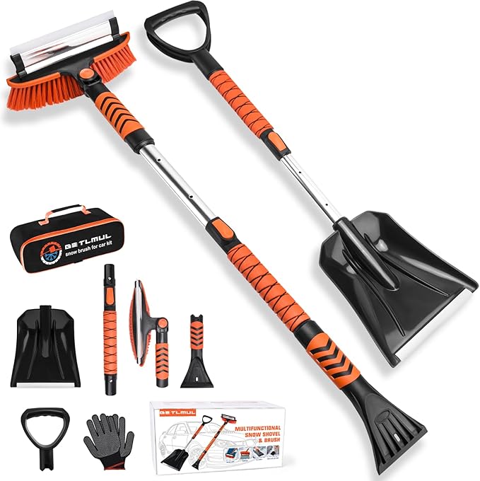 Car Snow Brush Snow Shovel Kit, 42'' Extendable Ice Scrapers and Snow Brushes for Car Windshield with Foam Grip 180° Pivoting Brush Head Snow Scraper, 39'' Extendable Emergency Snow Shovel for Car